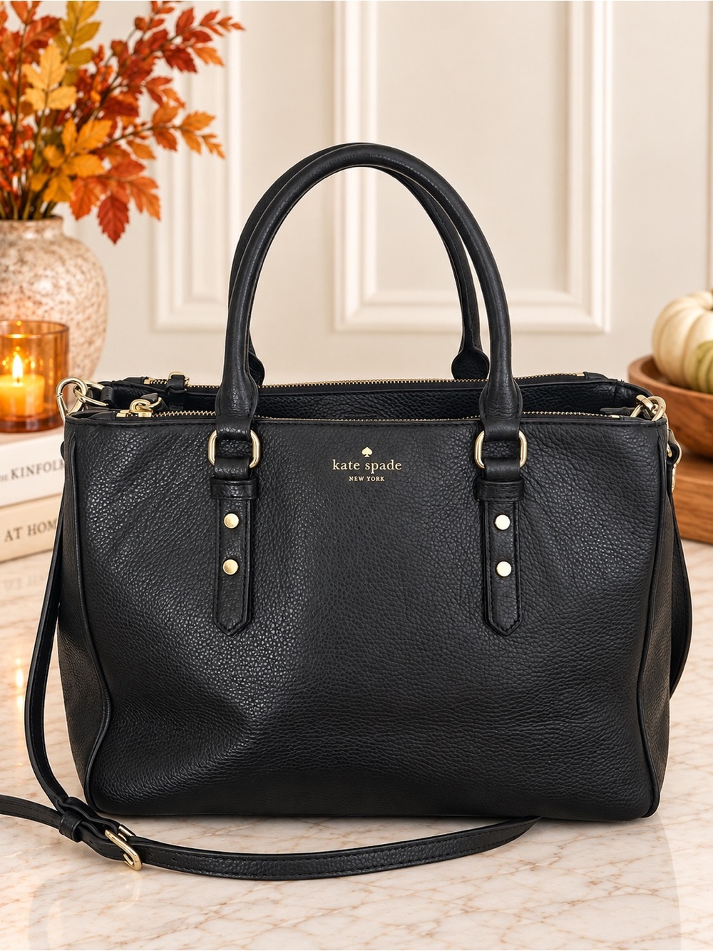 Kate Spade Black Pebbled Leather Double Zip Satchel Crossbody Shoulder Bag Tote